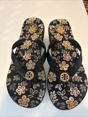 Tory Burch Black Floral Logo Flip Sandals
